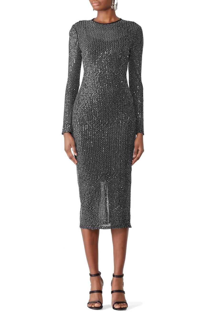 Rachel Roy Charcoal Silver Sequined Long Sleeve Cocktail Party Midi Dress Sz XS